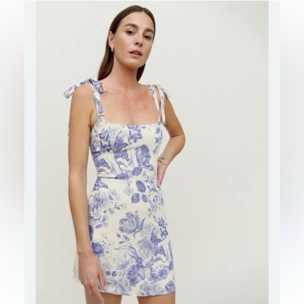 Reformation Floral Print Dress with Blue Accents
